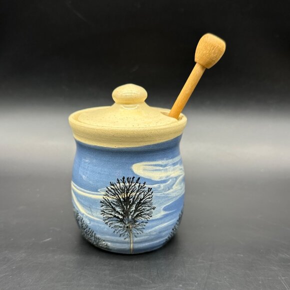 Sevierville Pottery Honey Pot Dipper Blue Skies Trees Studio Art Tennessee - Picture 2 of 9